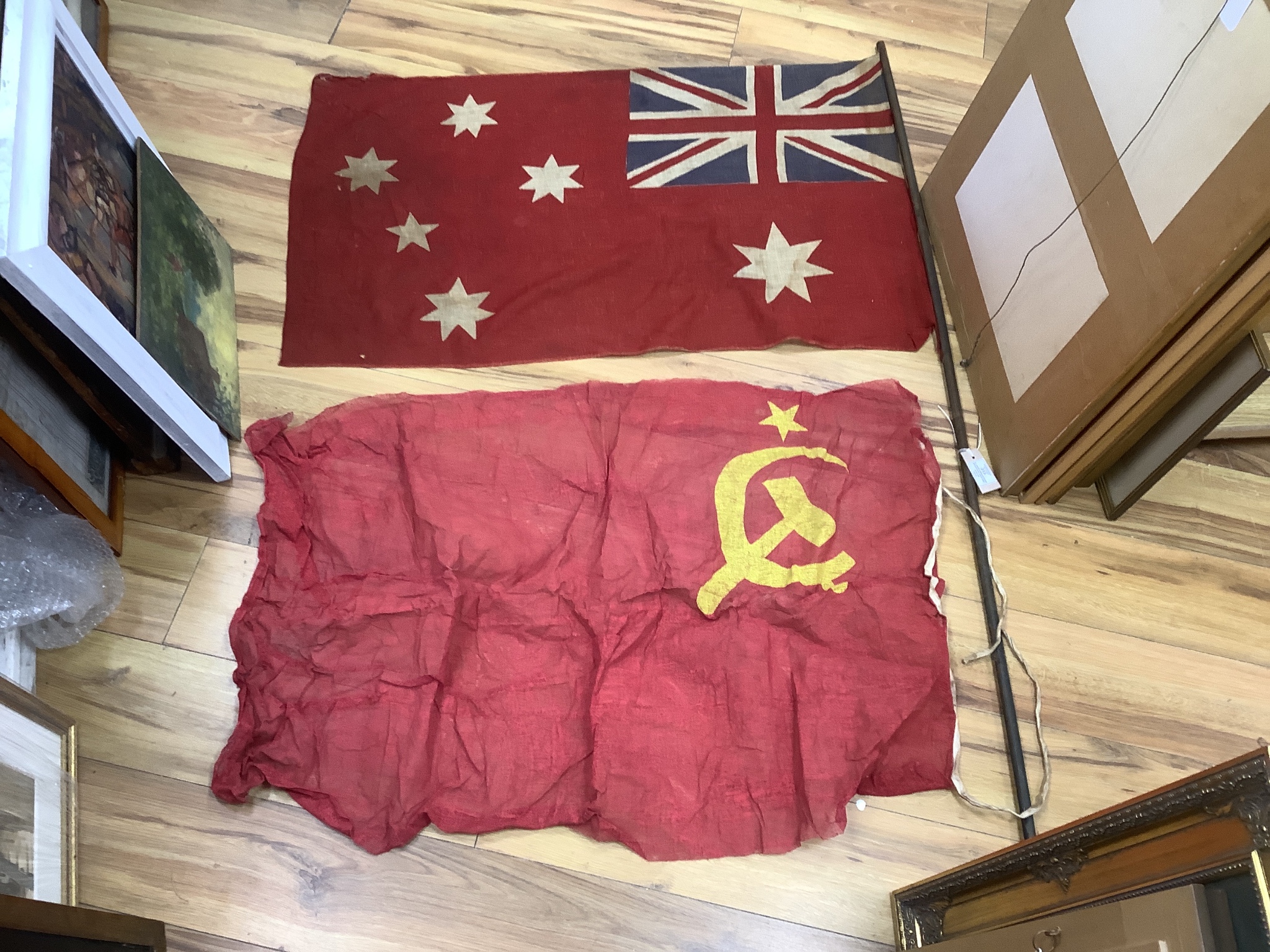 A large German Third Reich flag, 300 x 160cm, a Japan Rising Sun flag, 260cm, and other national flags